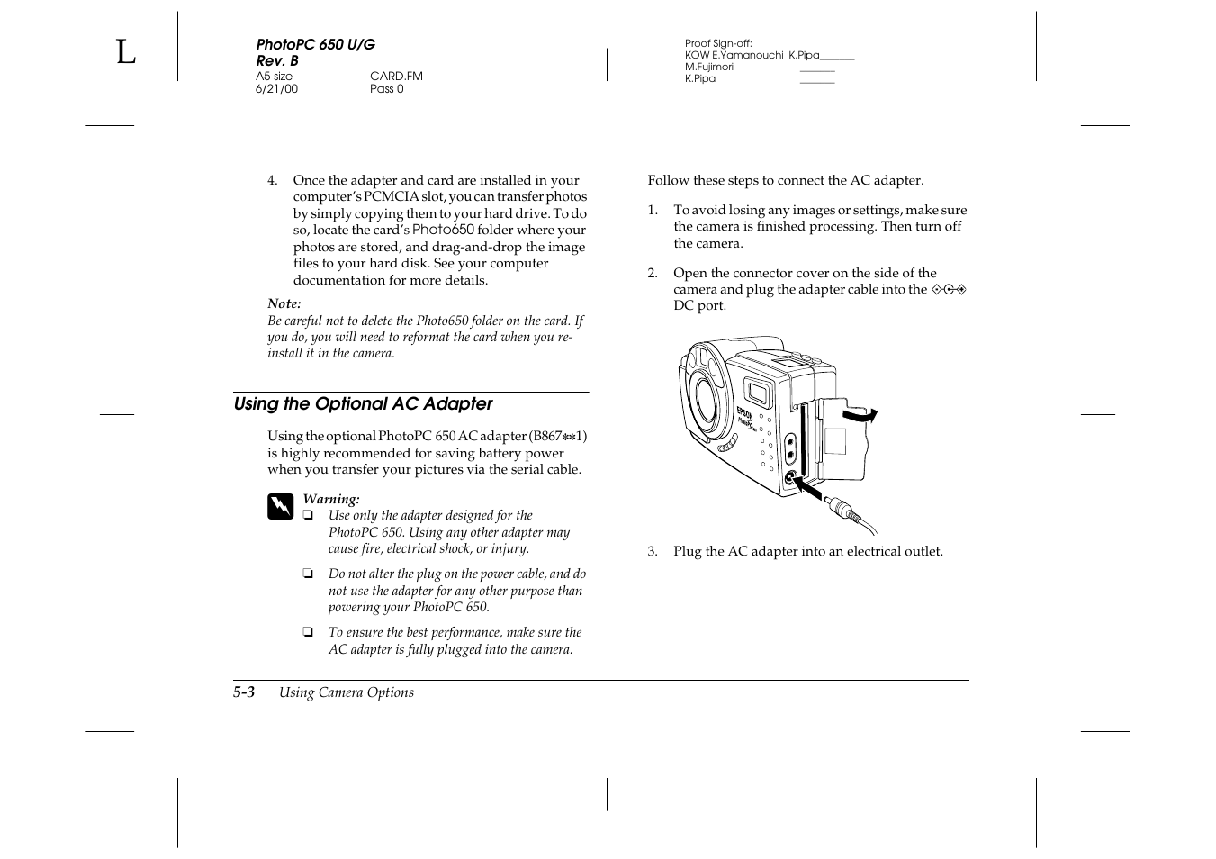 Using the optional ac adapter, Using the optional ac adapter -3 | Epson 650 User Manual | Page 35 / 38