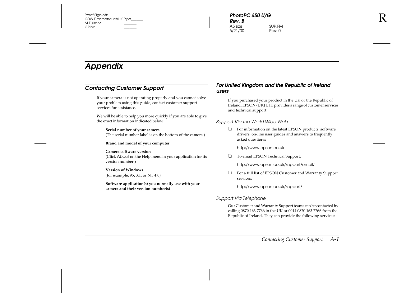 Appendix, Support via the world wide web, Support via telephone | Epson 650 User Manual | Page 36 / 38