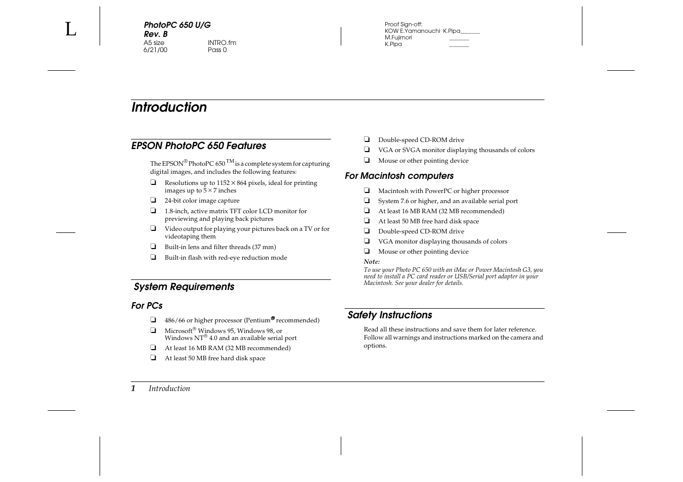 Introduction, Epson photopc650 features, System requirements | For pcs, For macintosh computers, Safety instructions, Epson photopc 650 features | Epson 650 User Manual | Page 5 / 38