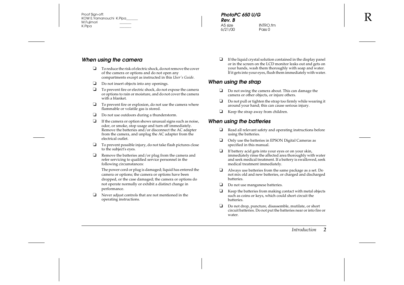 When using the camera, When using the strap, When using the batteries | Epson 650 User Manual | Page 6 / 38