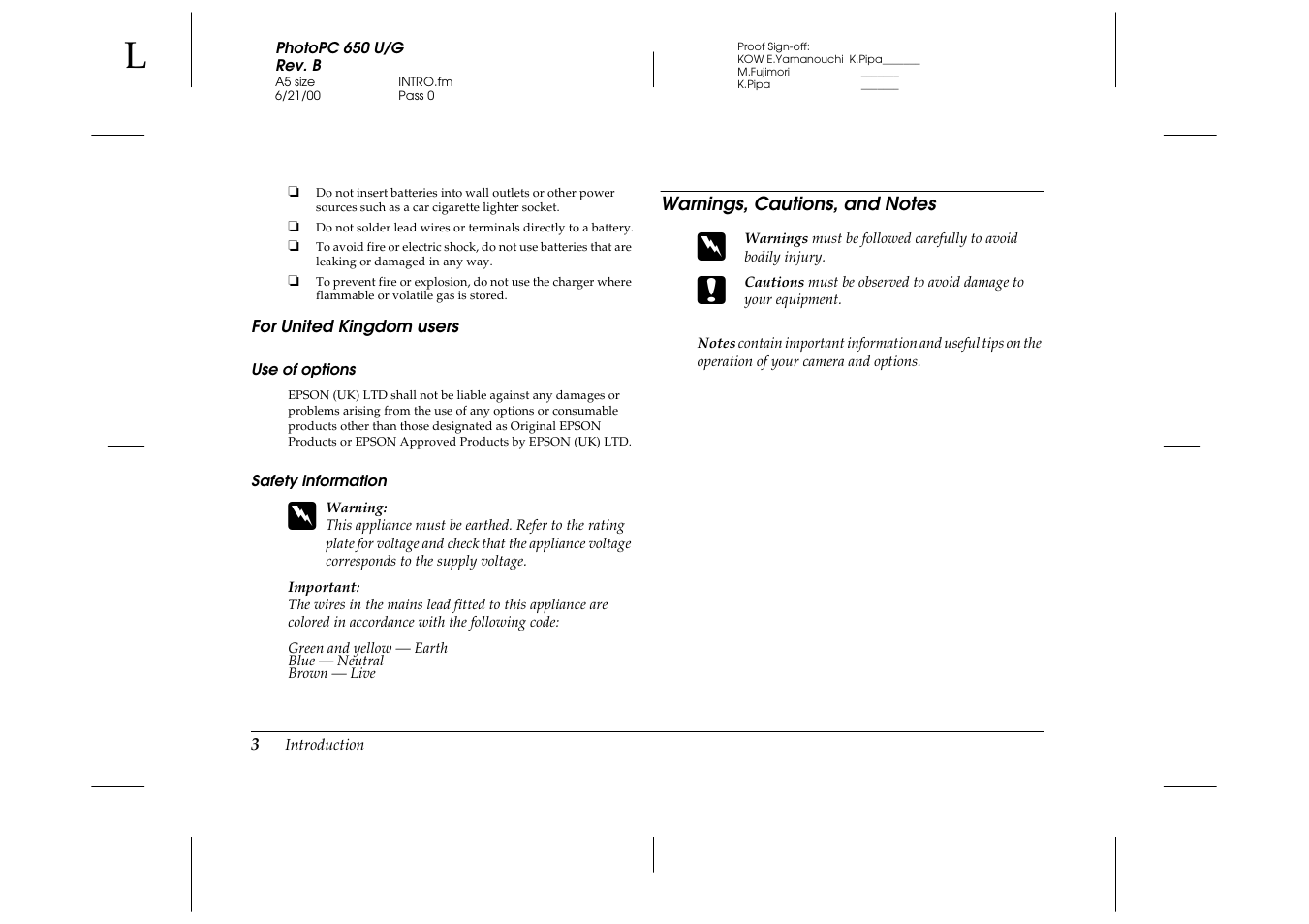 For united kingdom users, Use of options, Safety information | Warnings, cautions, and notes | Epson 650 User Manual | Page 7 / 38