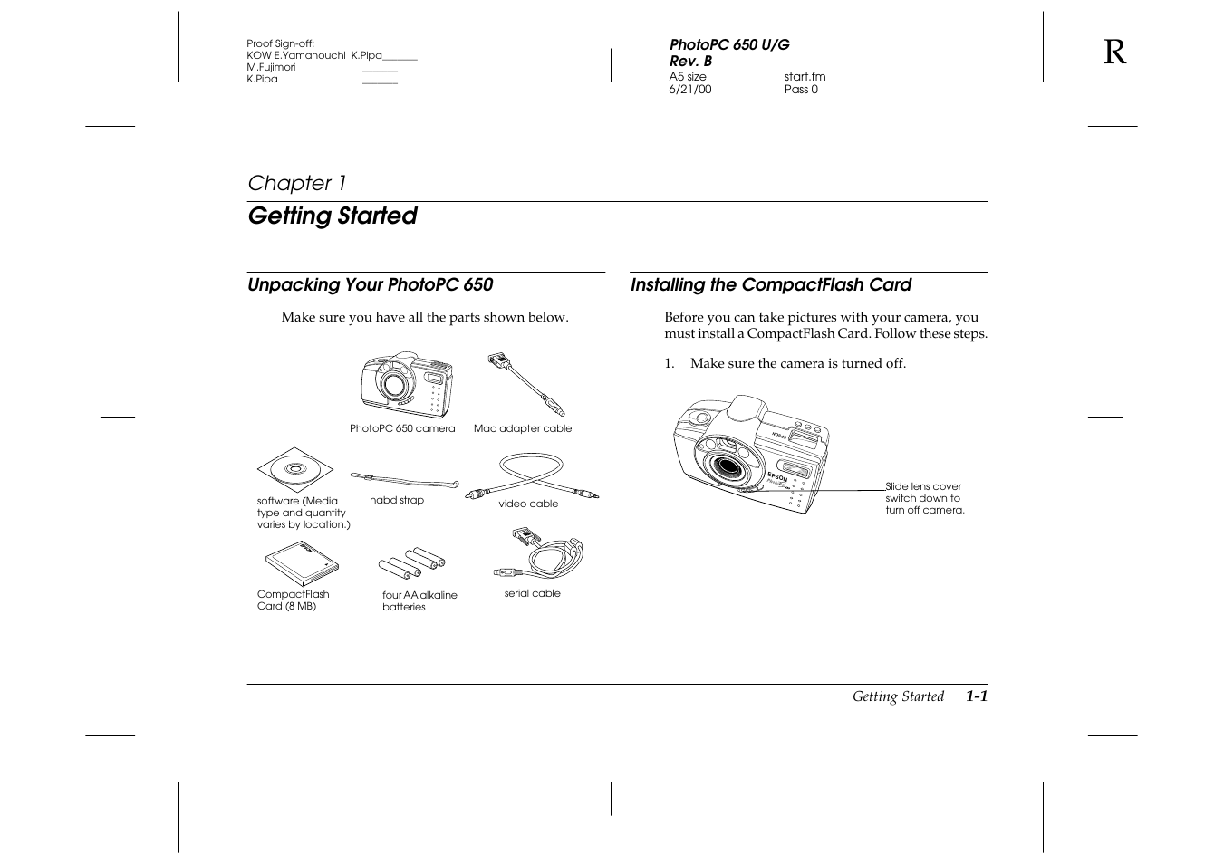 Getting started, Unpacking your photopc650, Installing the compactflash card | Chapter 1 g, Unpacking your photopc 650 -1, Chapter 1, Unpacking your photopc 650 | Epson 650 User Manual | Page 8 / 38