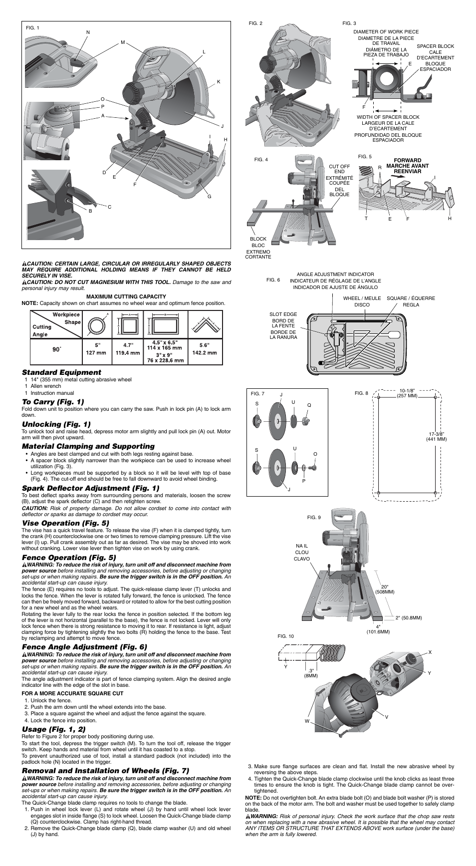 Standard equipment, Unlocking (fig. 1), Material clamping and supporting | Spark defl ector adjustment (fig. 1), Vise operation (fig. 5), Fence operation (fig. 5), Fence angle adjustment (fig. 6), Usage (fig. 1, 2), Removal and installation of wheels (fig. 7) | Epson D28715 User Manual | Page 2 / 7