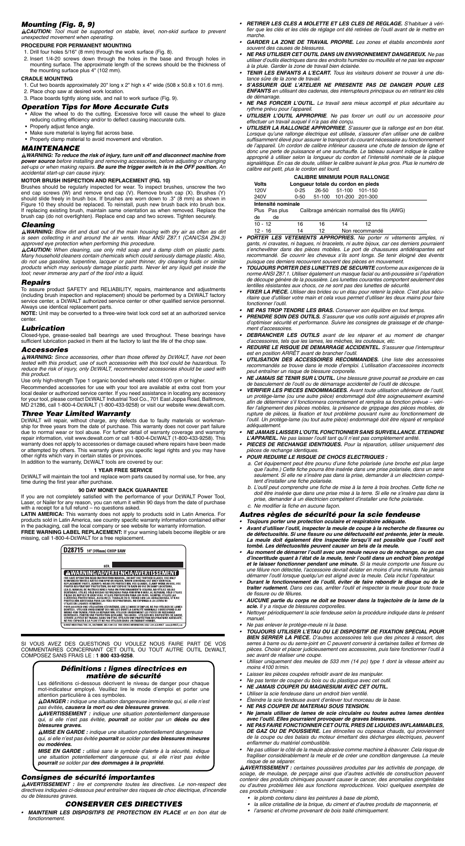 Mounting (fig. 8, 9), Operation tips for more accurate cuts, Maintenance | Cleaning, Repairs, Lubrication, Accessories, Three year limited warranty, Consignes de sécurité importantes, Conserver ces directives | Epson D28715 User Manual | Page 3 / 7