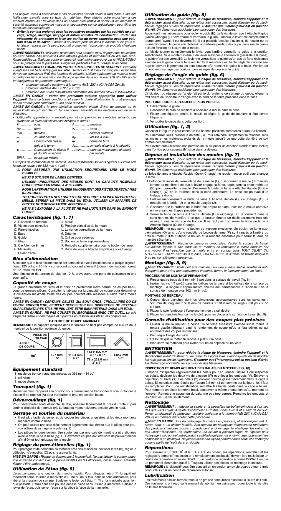 Caractéristiques (fi g. 1, 7), Bloc d’alimentation, Capacité de coupe | Équipement standard, Transport (fi g. 1), Déverrouillage (fi g. 1), Serrage et soutien du matériau, Réglage du pare-étincelles (fi g. 1), Utilisation de l’étau (fi g. 5), Utilisation du guide (fi g. 5) | Epson D28715 User Manual | Page 4 / 7