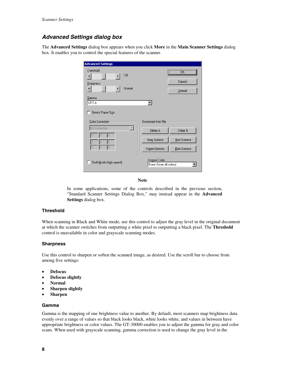 Advanced settings dialog box, Threshold, Sharpness | Gamma, Threshold sharpness gamma | Epson GT-30000 User Manual | Page 12 / 21