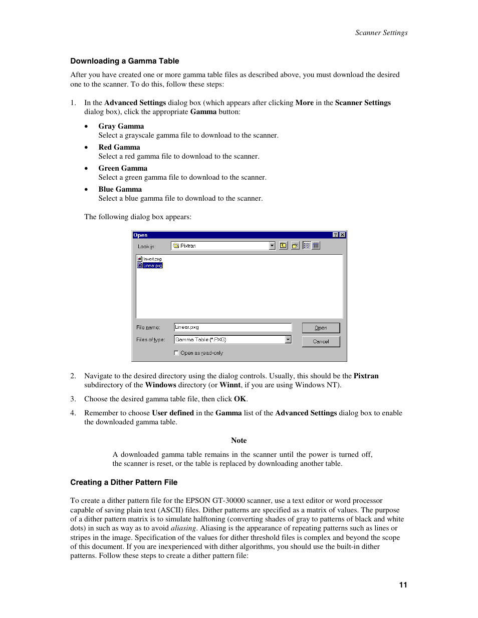 Downloading a gamma table, Creating a dither pattern file | Epson GT-30000 User Manual | Page 15 / 21