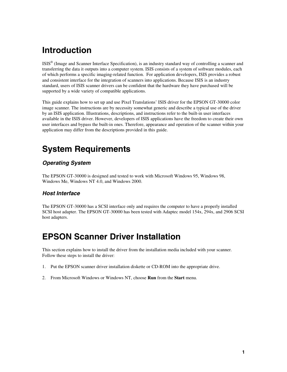 Introduction, System requirements, Operating system | Host interface, Epson scanner driver installation, Operating system host interface | Epson GT-30000 User Manual | Page 5 / 21