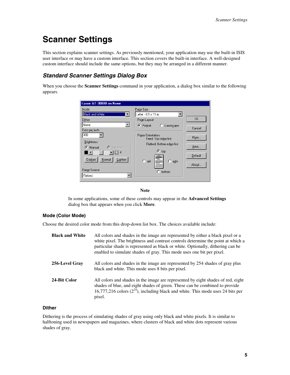 Scanner settings, Standard scanner settings dialog box, Mode (color mode) | Black and white, Mode (color mode) black and white dither | Epson GT-30000 User Manual | Page 9 / 21