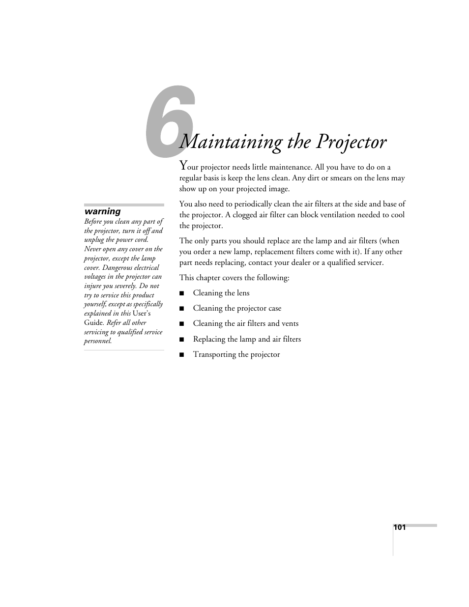 Maintaining the projector | Epson 7900p User Manual | Page 101 / 146