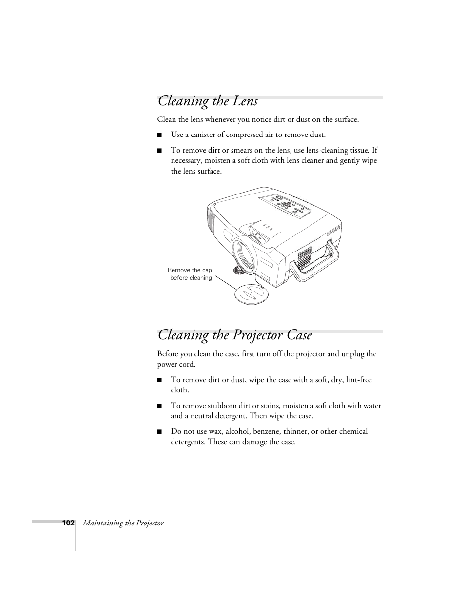 Cleaning the lens, Cleaning the projector case, Cleaning the lens cleaning the projector case | Epson 7900p User Manual | Page 102 / 146