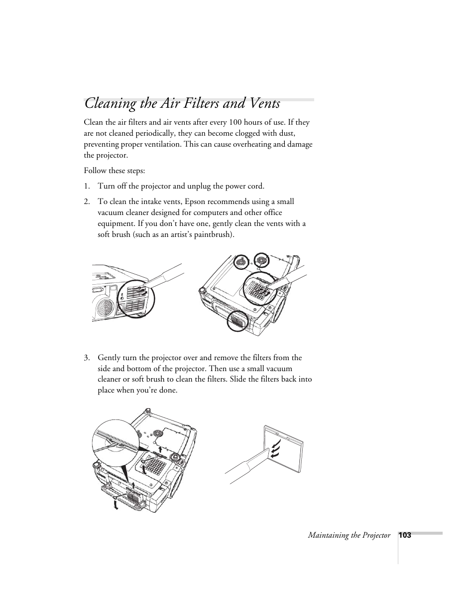 Cleaning the air filters and vents | Epson 7900p User Manual | Page 103 / 146