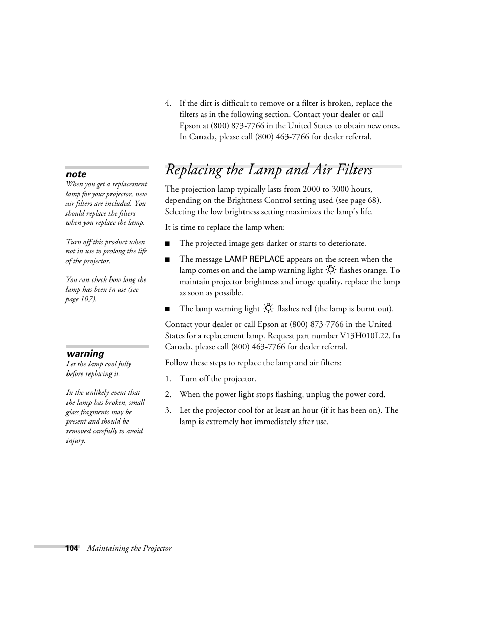 Replacing the lamp and air filters | Epson 7900p User Manual | Page 104 / 146