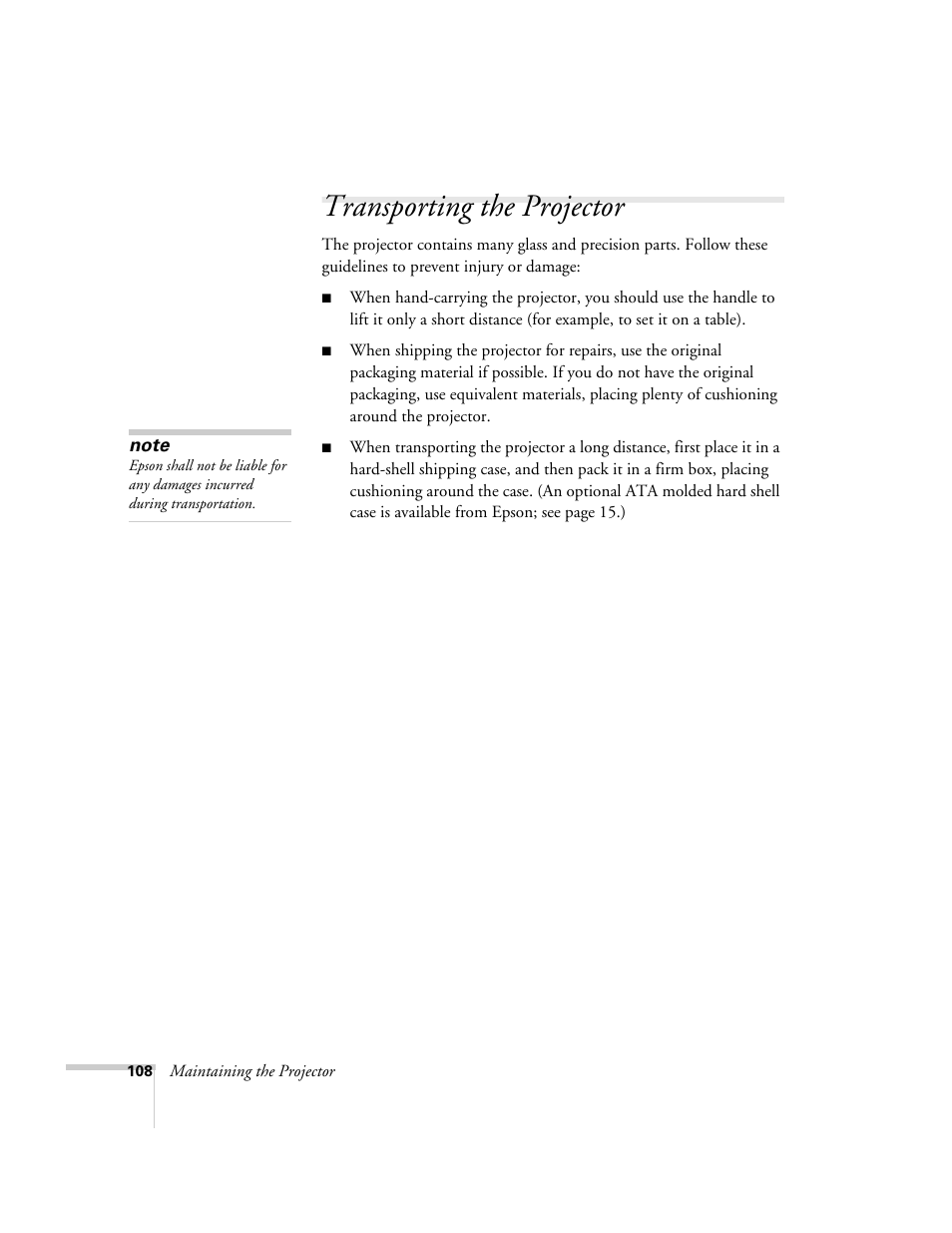 Transporting the projector | Epson 7900p User Manual | Page 108 / 146