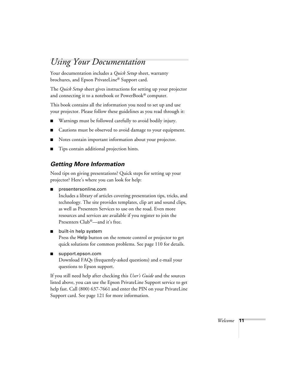 Using your documentation, Getting more information | Epson 7900p User Manual | Page 11 / 146