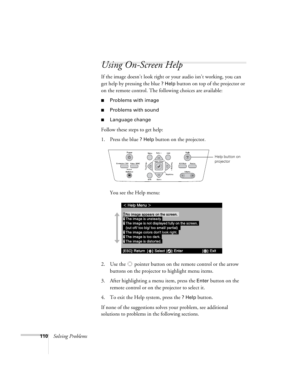 Using on-screen help | Epson 7900p User Manual | Page 110 / 146