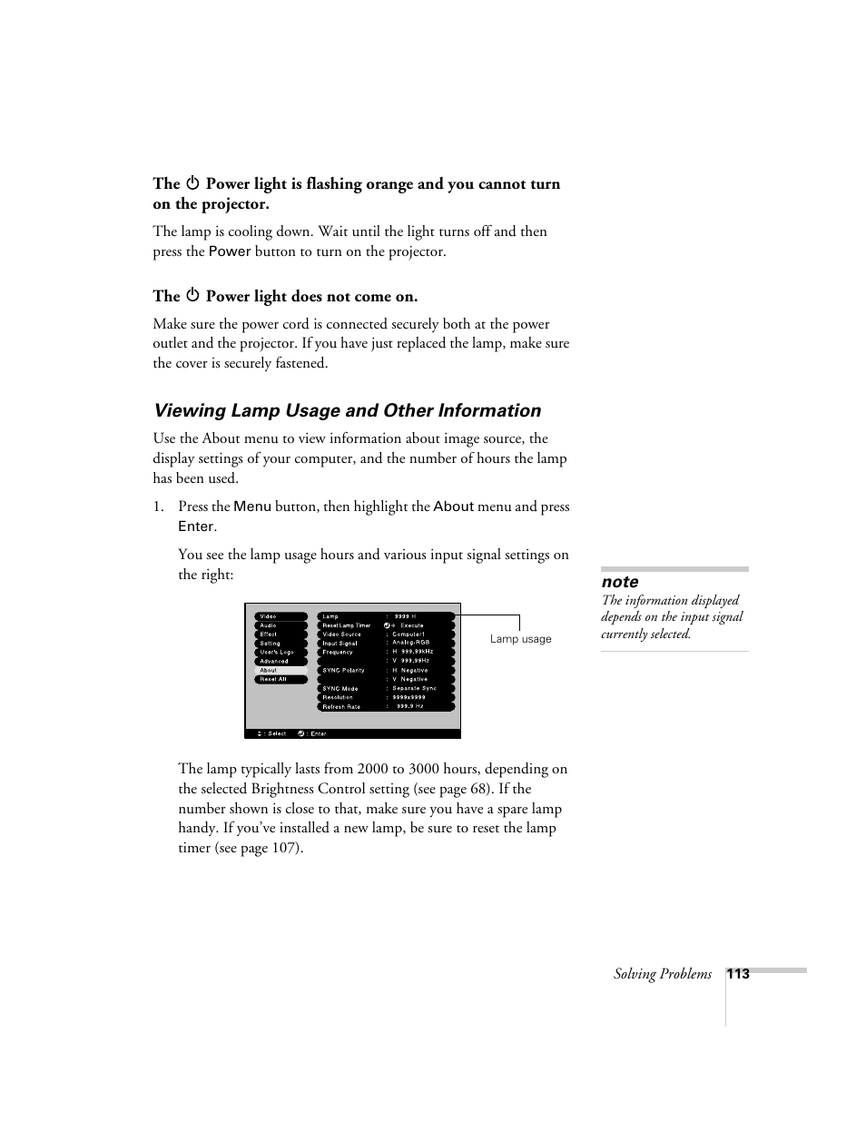 Viewing lamp usage and other information | Epson 7900p User Manual | Page 113 / 146