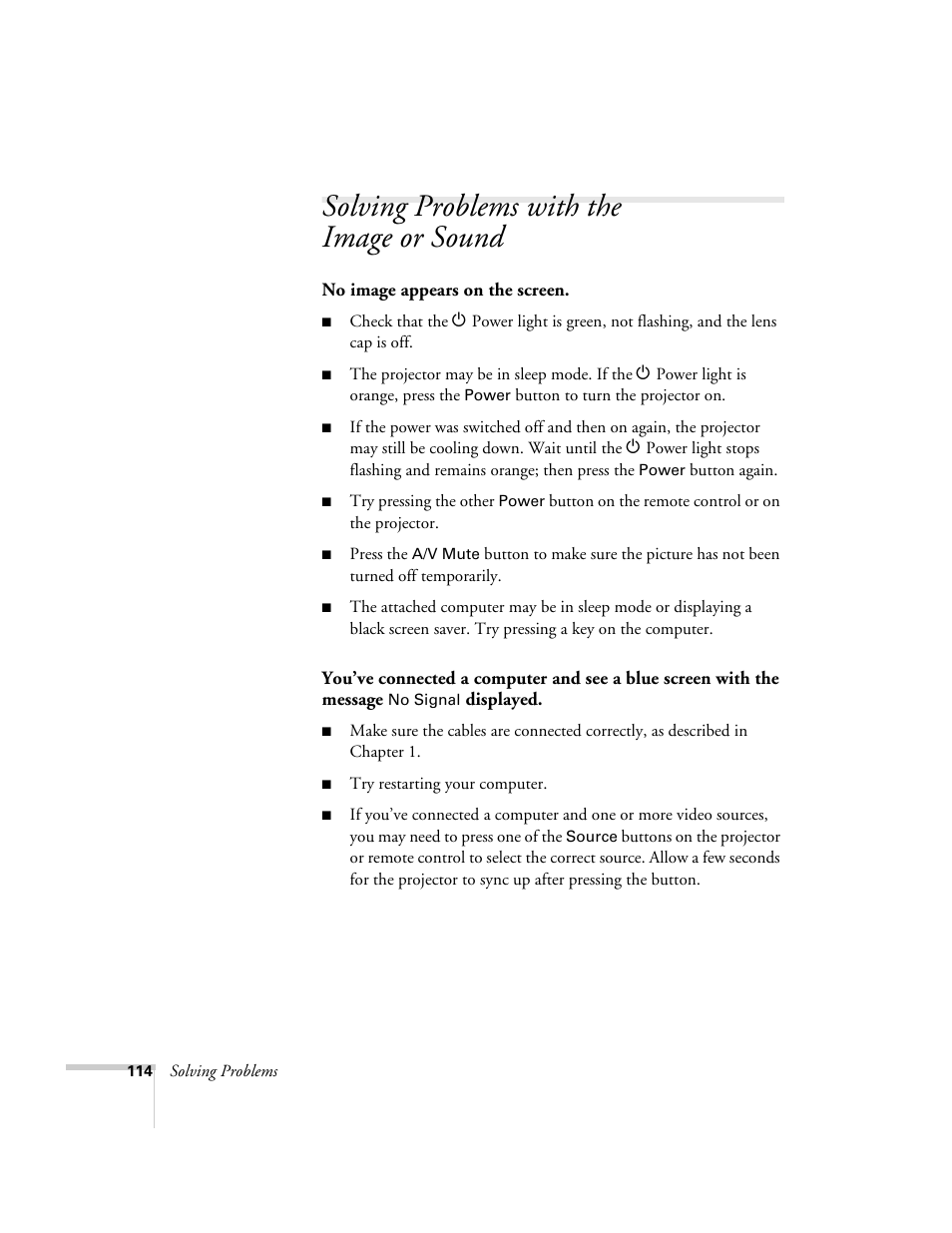 Solving problems with the image or sound | Epson 7900p User Manual | Page 114 / 146