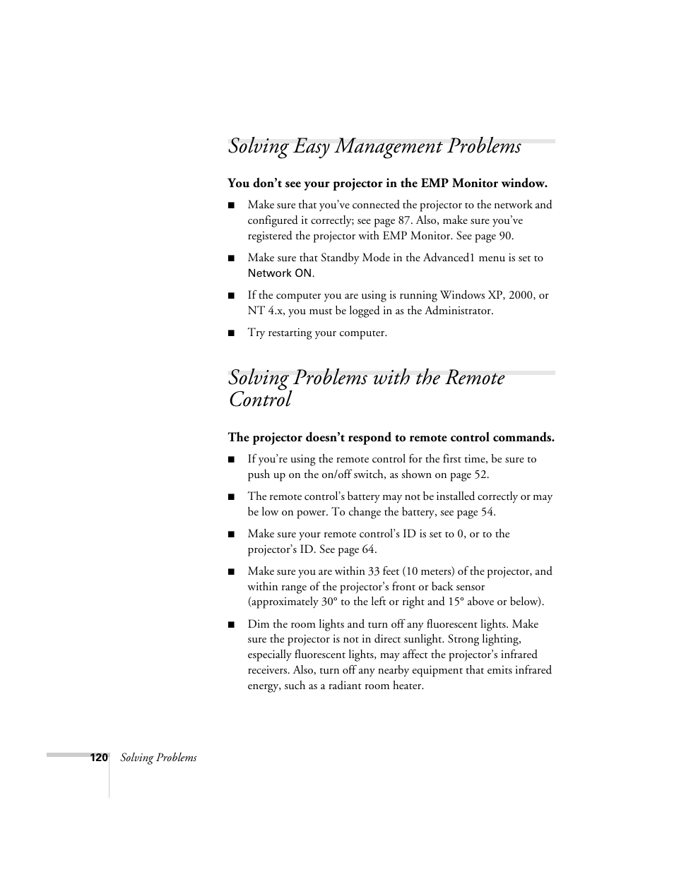 Solving easy management problems, Solving problems with the remote control | Epson 7900p User Manual | Page 120 / 146
