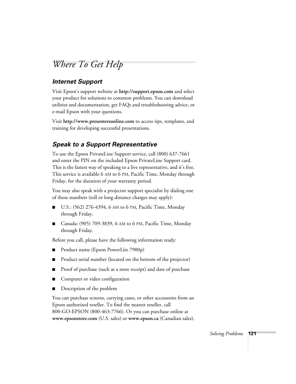 Where to get help, Internet support, Speak to a support representative | Internet support speak to a support representative | Epson 7900p User Manual | Page 121 / 146