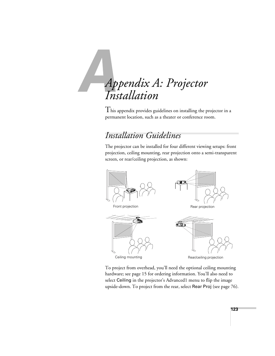 Appendix a: projector installation, Installation guidelines | Epson 7900p User Manual | Page 123 / 146