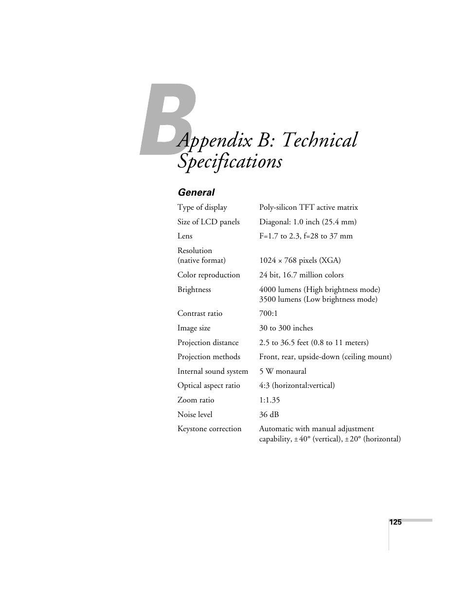 Appendix b: technical specifications, General | Epson 7900p User Manual | Page 125 / 146