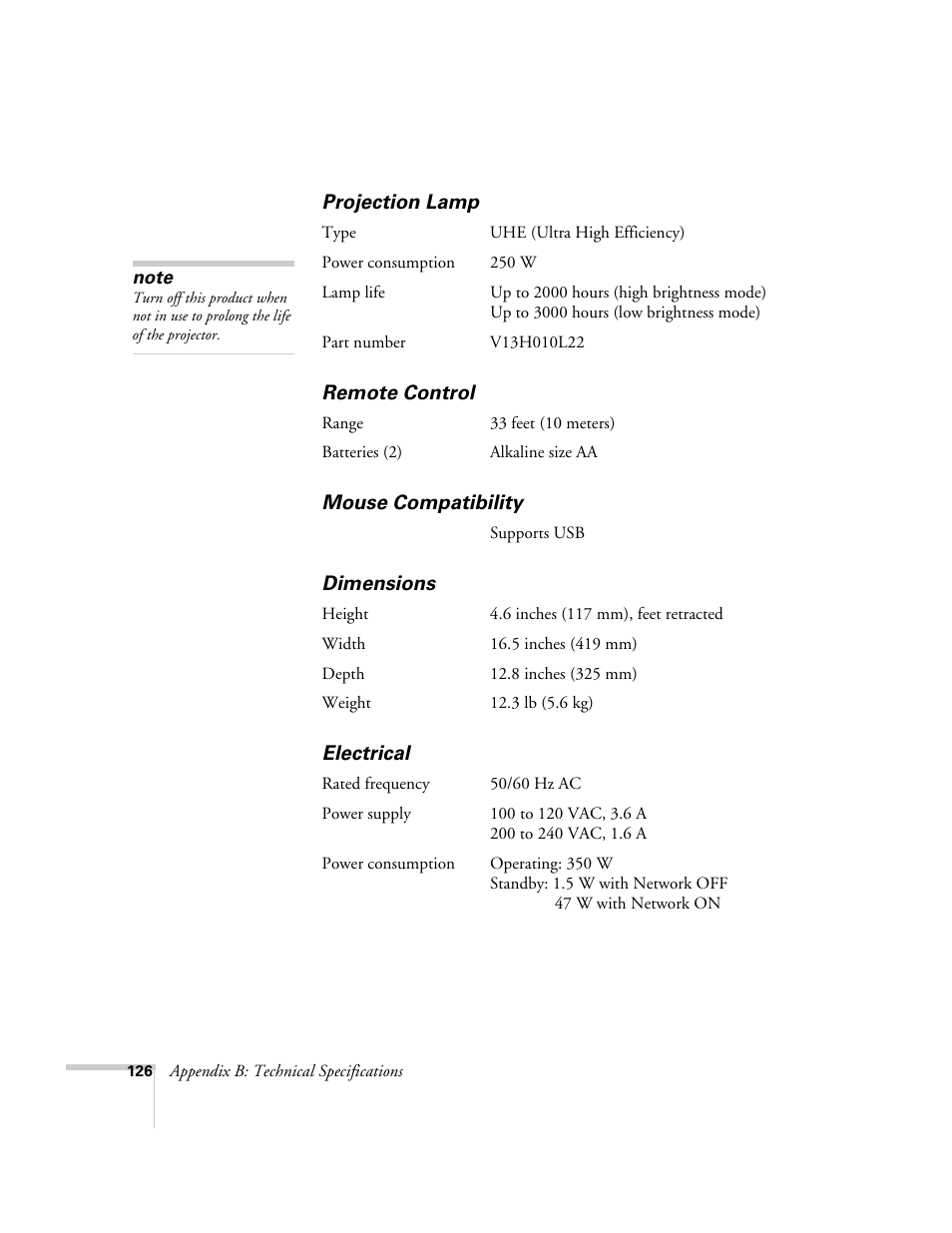 Projection lamp, Remote control, Mouse compatibility | Dimensions, Electrical | Epson 7900p User Manual | Page 126 / 146