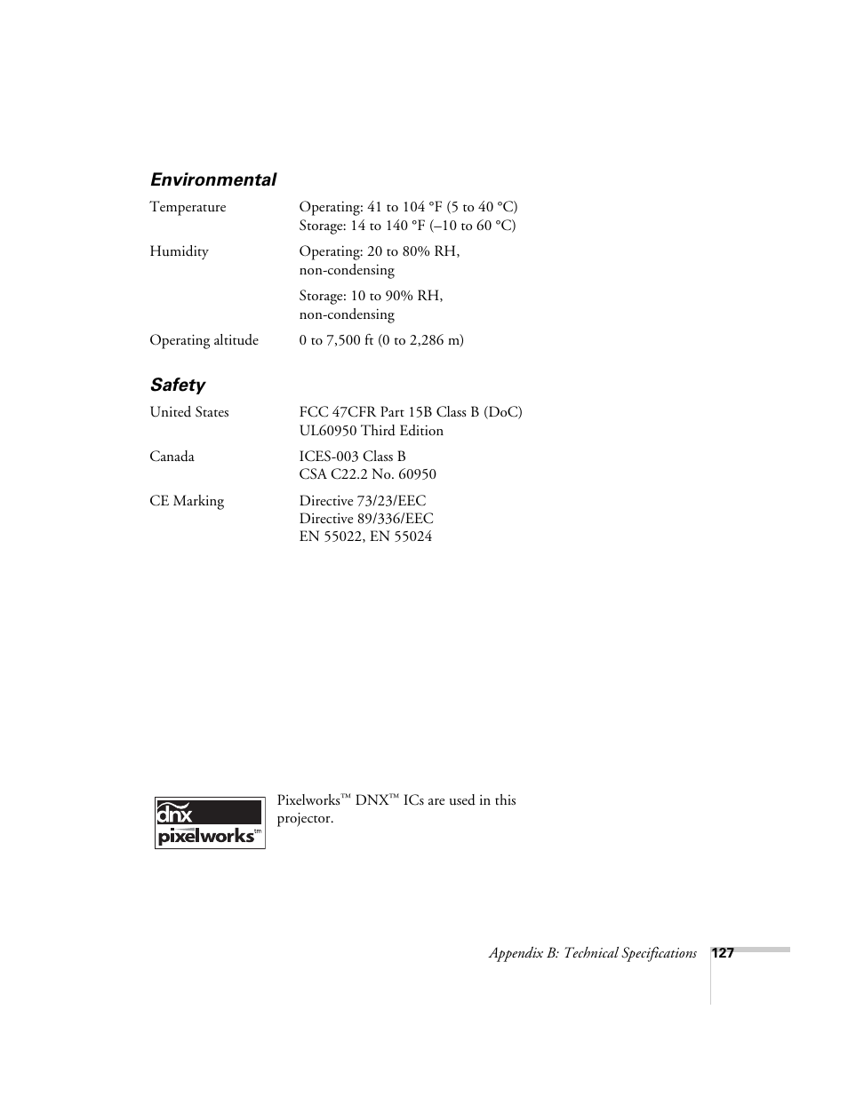 Environmental, Safety | Epson 7900p User Manual | Page 127 / 146