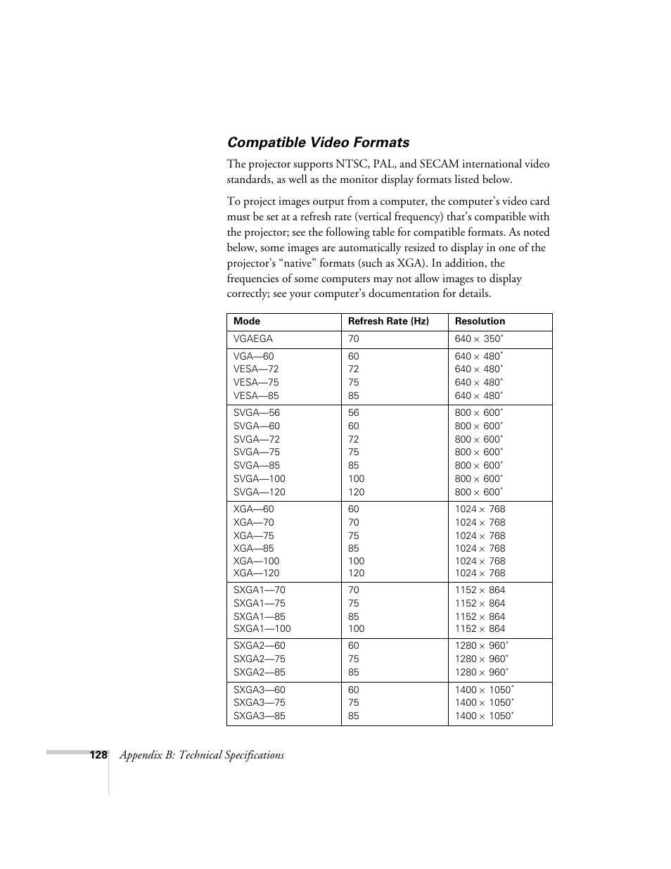 Compatible video formats, Appendix b: technical specifications | Epson 7900p User Manual | Page 128 / 146