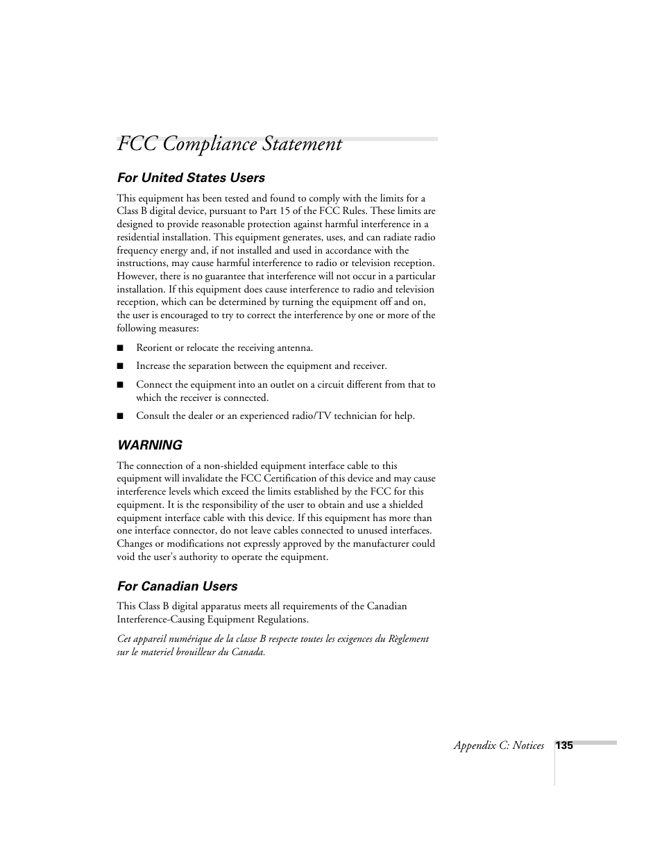 Fcc compliance statement | Epson 7900p User Manual | Page 135 / 146
