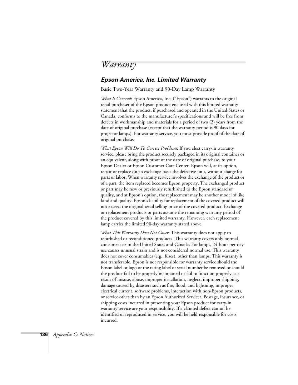 Warranty | Epson 7900p User Manual | Page 136 / 146