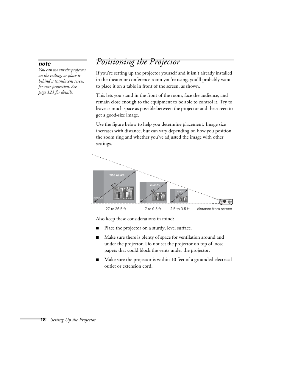 Positioning the projector | Epson 7900p User Manual | Page 18 / 146