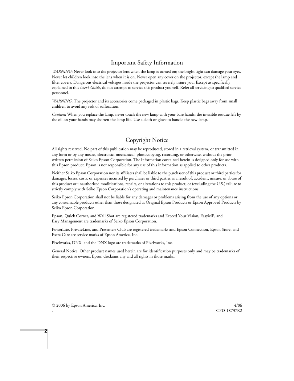 Important safety information, Copyright notice | Epson 7900p User Manual | Page 2 / 146