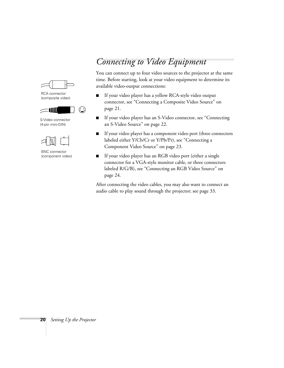 Connecting to video equipment | Epson 7900p User Manual | Page 20 / 146