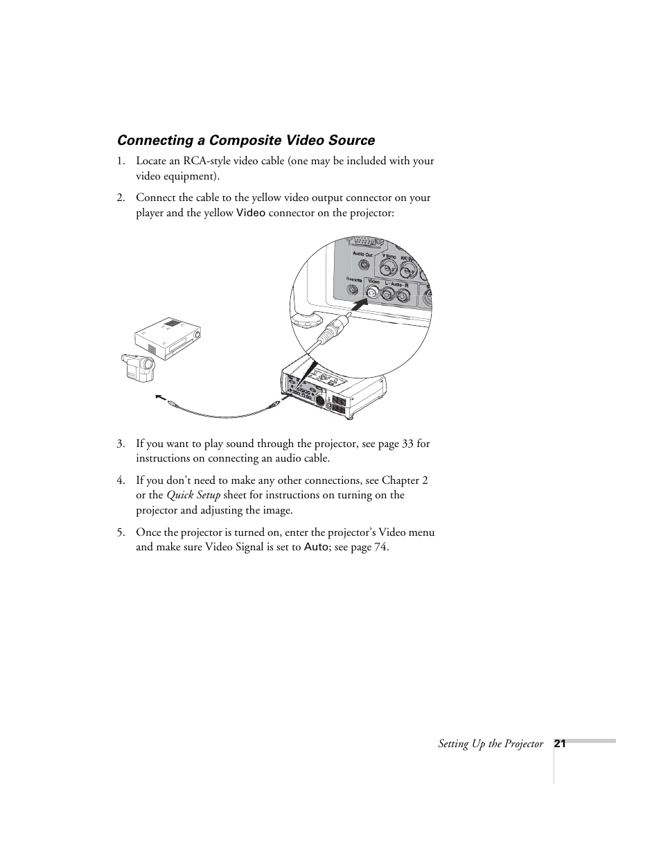 Connecting a composite video source | Epson 7900p User Manual | Page 21 / 146