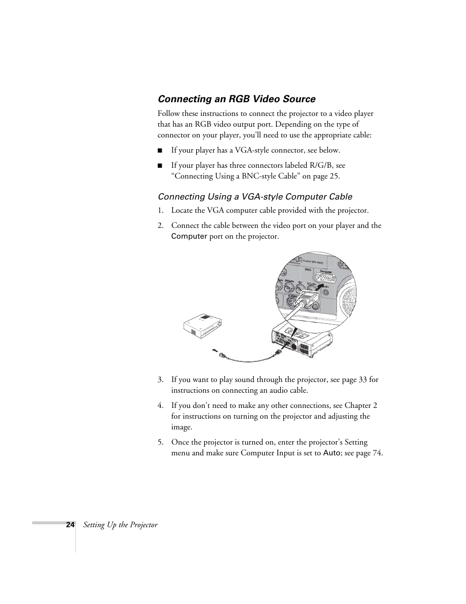 Connecting an rgb video source | Epson 7900p User Manual | Page 24 / 146