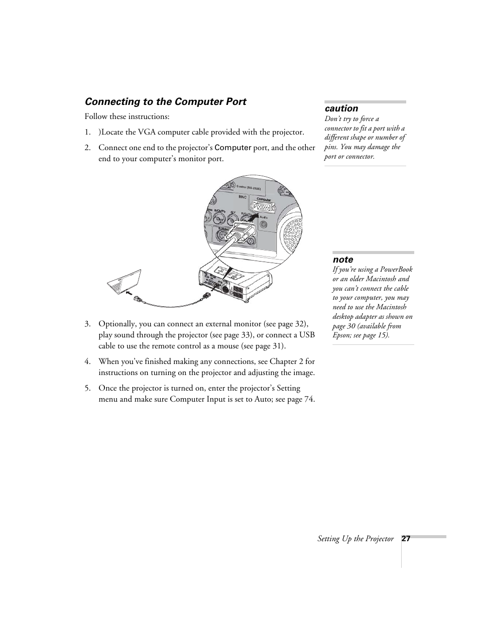 Connecting to the computer port | Epson 7900p User Manual | Page 27 / 146