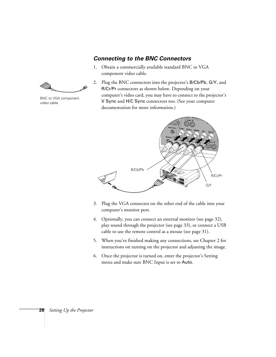 Connecting to the bnc connectors | Epson 7900p User Manual | Page 28 / 146