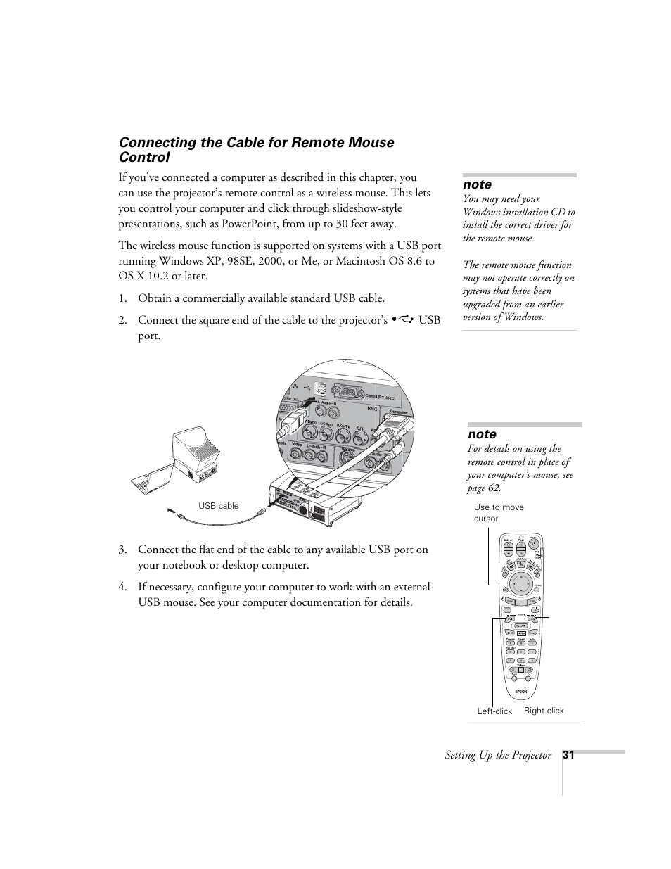 Connecting the cable for remote mouse control | Epson 7900p User Manual | Page 31 / 146