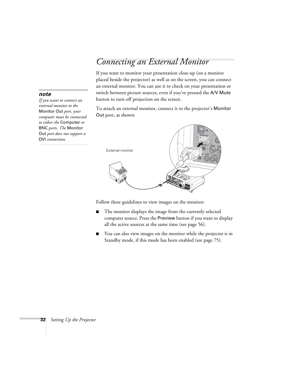 Connecting an external monitor | Epson 7900p User Manual | Page 32 / 146