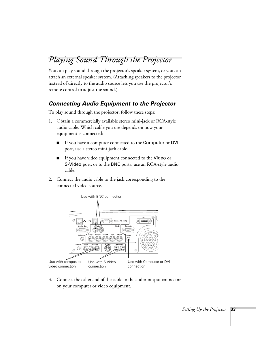 Playing sound through the projector, Connecting audio equipment to the projector | Epson 7900p User Manual | Page 33 / 146