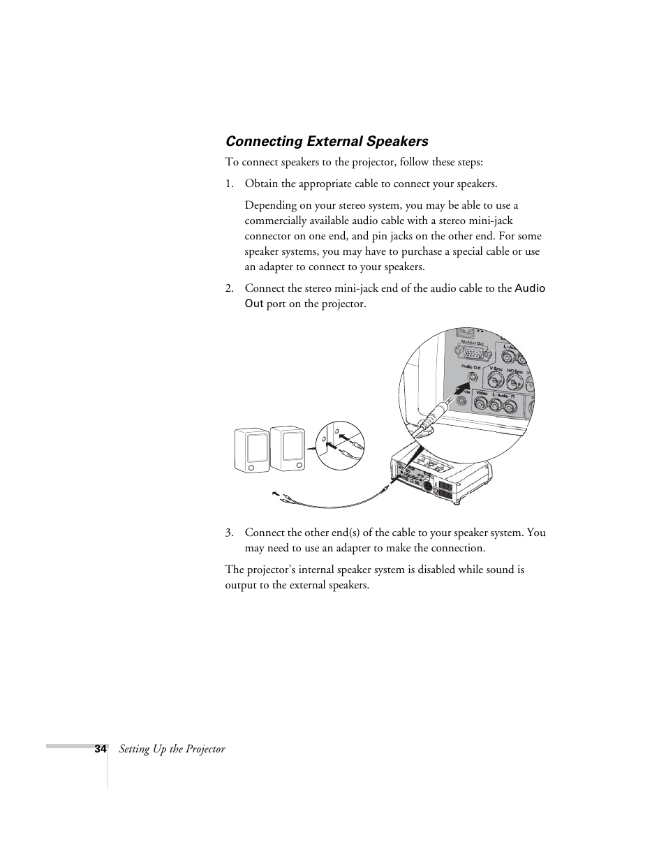 Connecting external speakers | Epson 7900p User Manual | Page 34 / 146