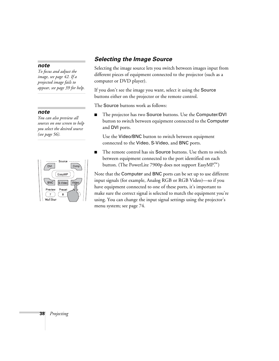 Selecting the image source | Epson 7900p User Manual | Page 38 / 146