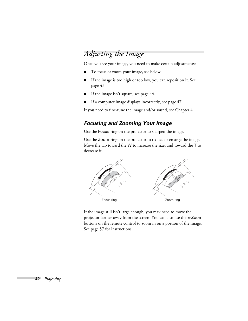 Adjusting the image, Focusing and zooming your image | Epson 7900p User Manual | Page 42 / 146