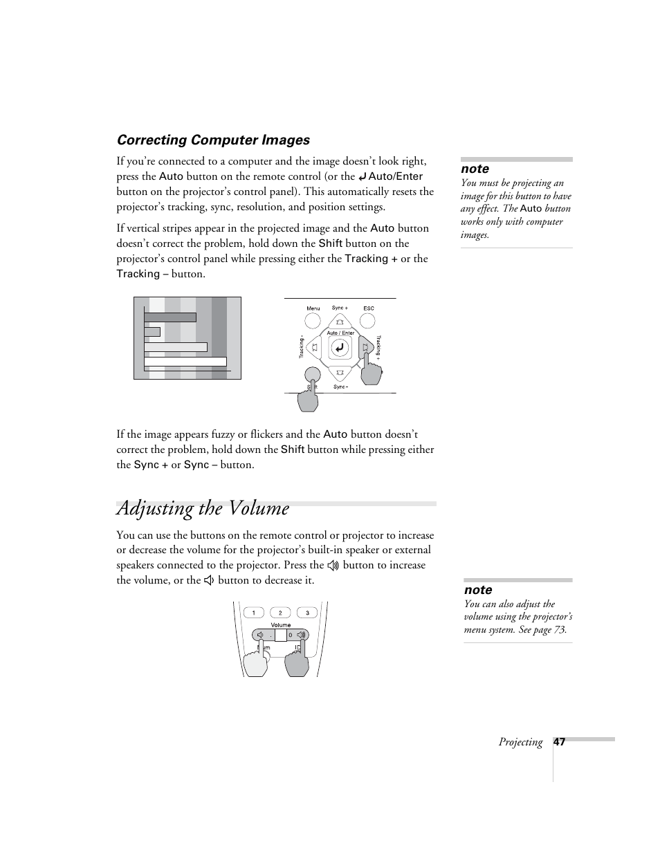 Correcting computer images, Adjusting the volume | Epson 7900p User Manual | Page 47 / 146