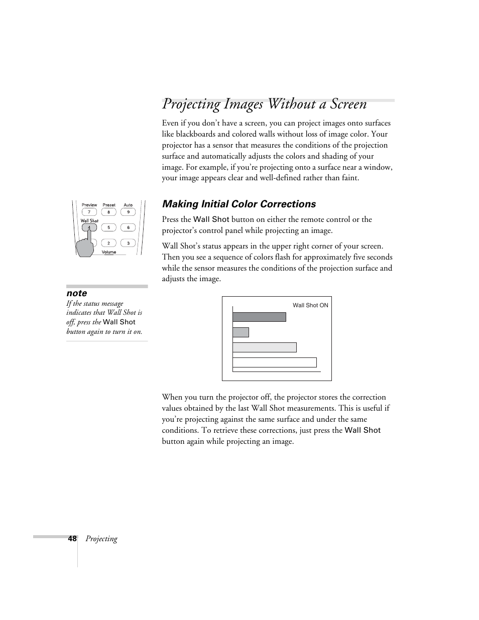 Projecting images without a screen, Making initial color corrections | Epson 7900p User Manual | Page 48 / 146