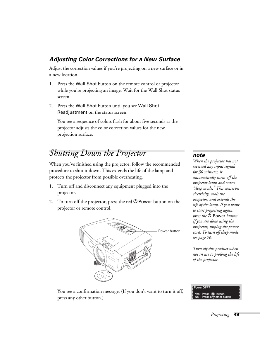 Adjusting color corrections for a new surface, Shutting down the projector | Epson 7900p User Manual | Page 49 / 146