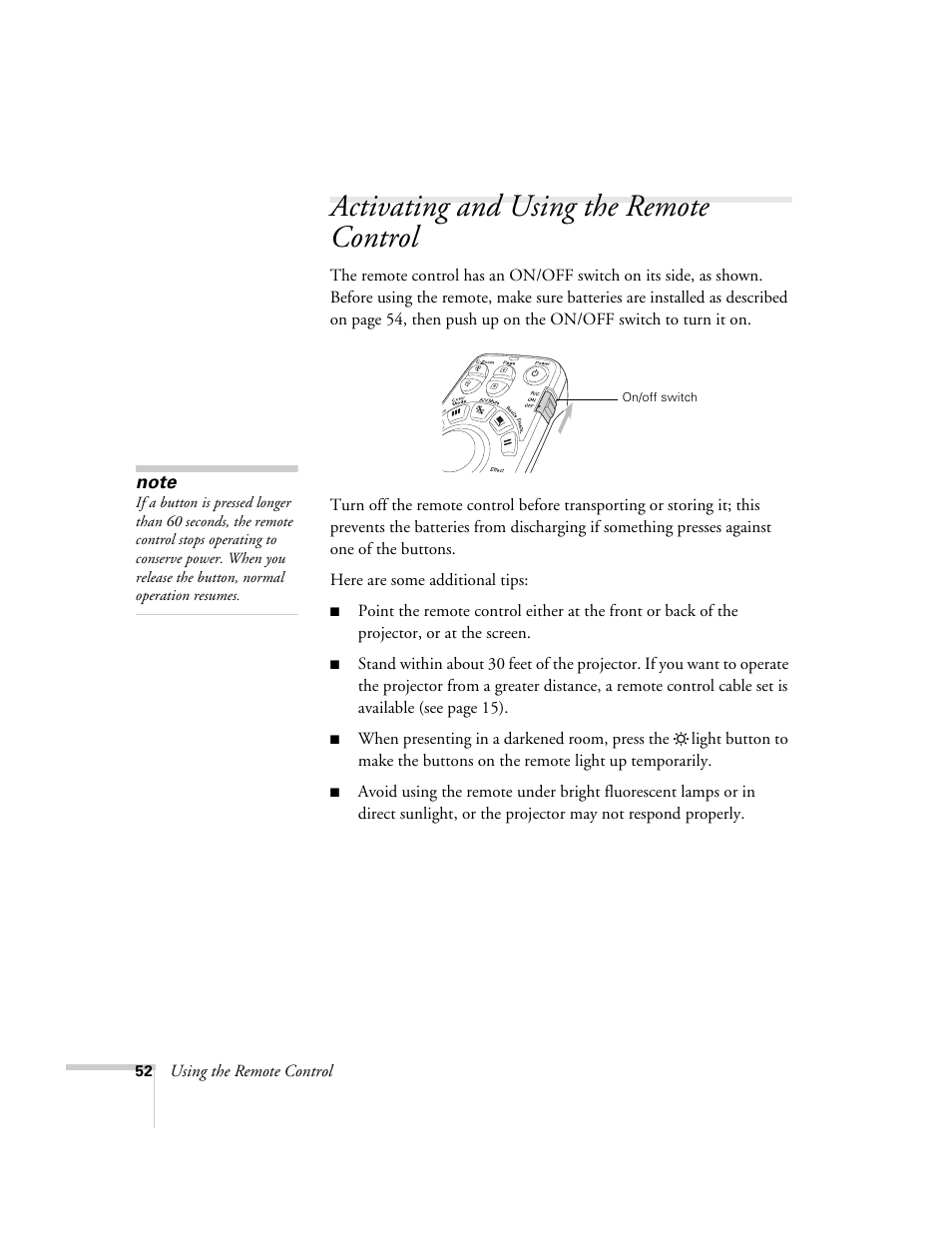 Activating and using the remote control | Epson 7900p User Manual | Page 52 / 146