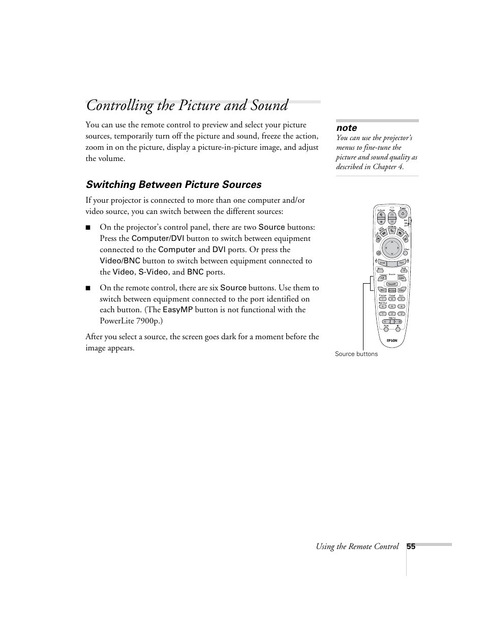 Controlling the picture and sound, Switching between picture sources | Epson 7900p User Manual | Page 55 / 146