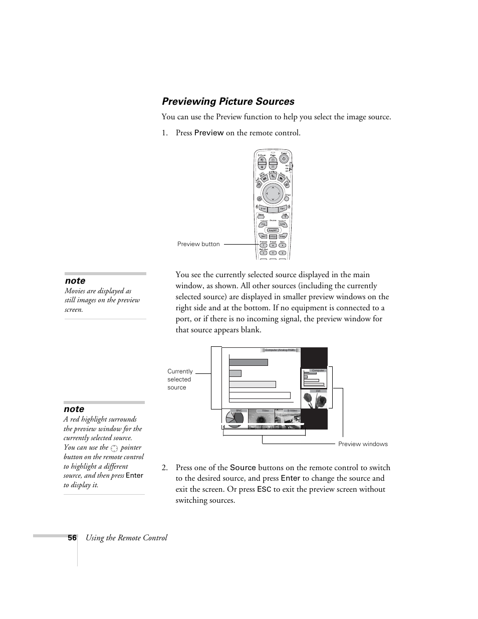 Previewing picture sources | Epson 7900p User Manual | Page 56 / 146